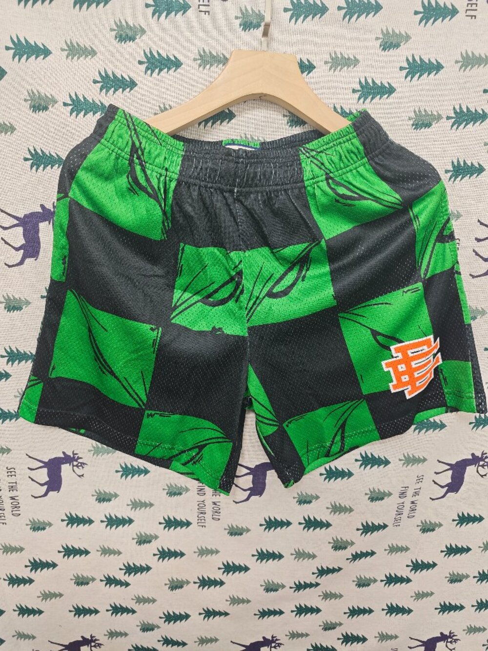 Eric Emanuel Green and Black Checkerboard Athletic Shorts with Orange Logo